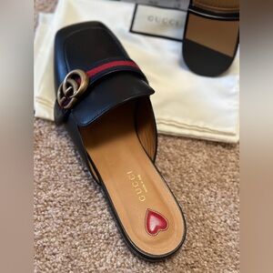 Gucci Women Auth 8 US 38 EU Black Leather Web GG Marmont Mules Flats Shoes